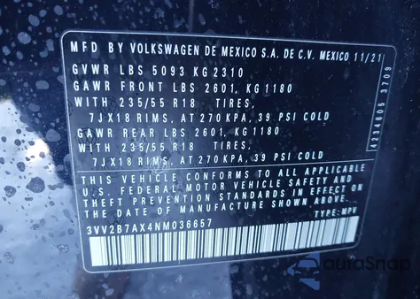 2022 Volkswagen Tiguan 2.0T Se from USA, damaged, VIN 3VV2B7AX4NM036657